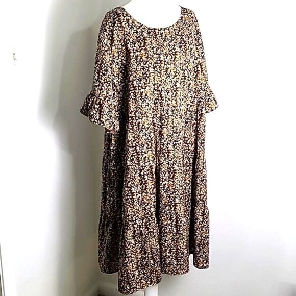 Shein Brown & White Print Smock Dress, Ruffled Short Sleeves, Ruffle Hem, Sz 4X - Picture 1 of 10
